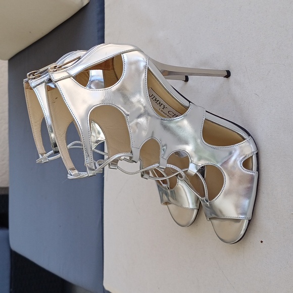 JIMMY CHOO difussed silver mirror cage heels shoes 37 7 Easter - Picture 3 of 17